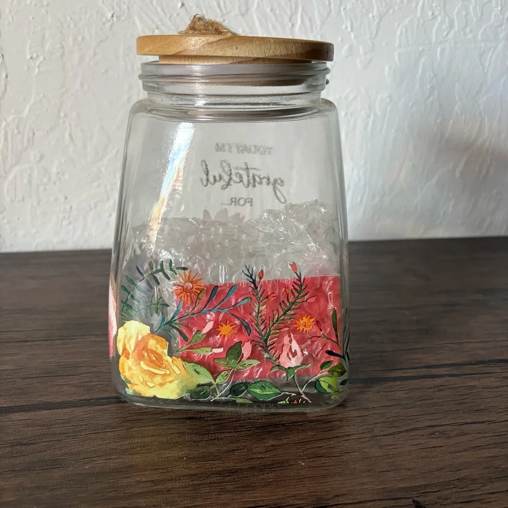 New Glass Gratefulness‎ Jar With Lid And Cards Floral Christian Art Gifts 6.5”